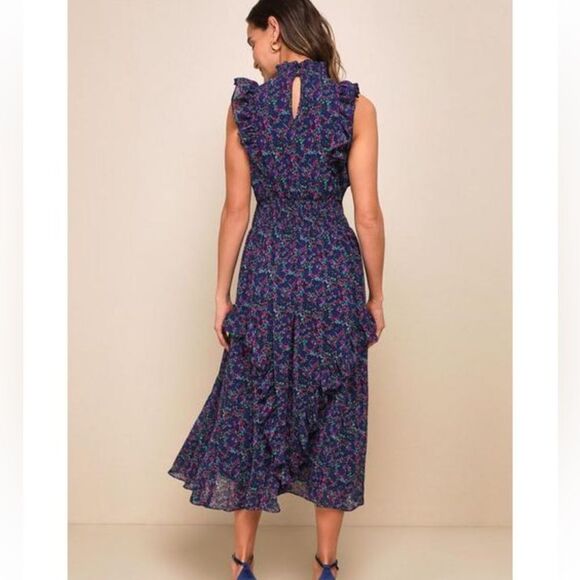 Lulus Evalina Navy Blue Floral Print Mock Neck Midi Dress XS - Picture 2 of 8